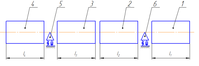 The calculation scheme of electrically operated spindle node: 1 - slave pulley; 2, 3 - areas of electrically operated spindle unit; 4 - start of a spindle; 5,6 - support of the bearing